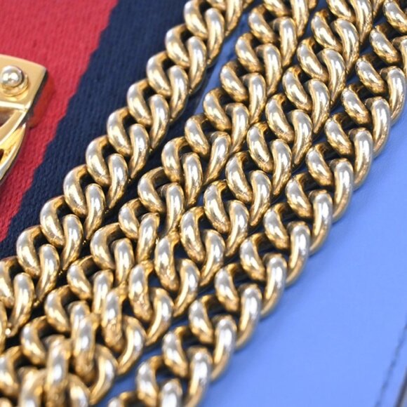 GUCCI Logo Sylvie Chain Mini Shoulder Bag Leather Blue GHW Italy 15EF777 - Picture 6 of 14